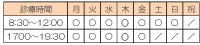 診察時間　月～金：午前8:30～12:00、午後17:00～19:30。土・日：午前8:30～12:00。祝日休診